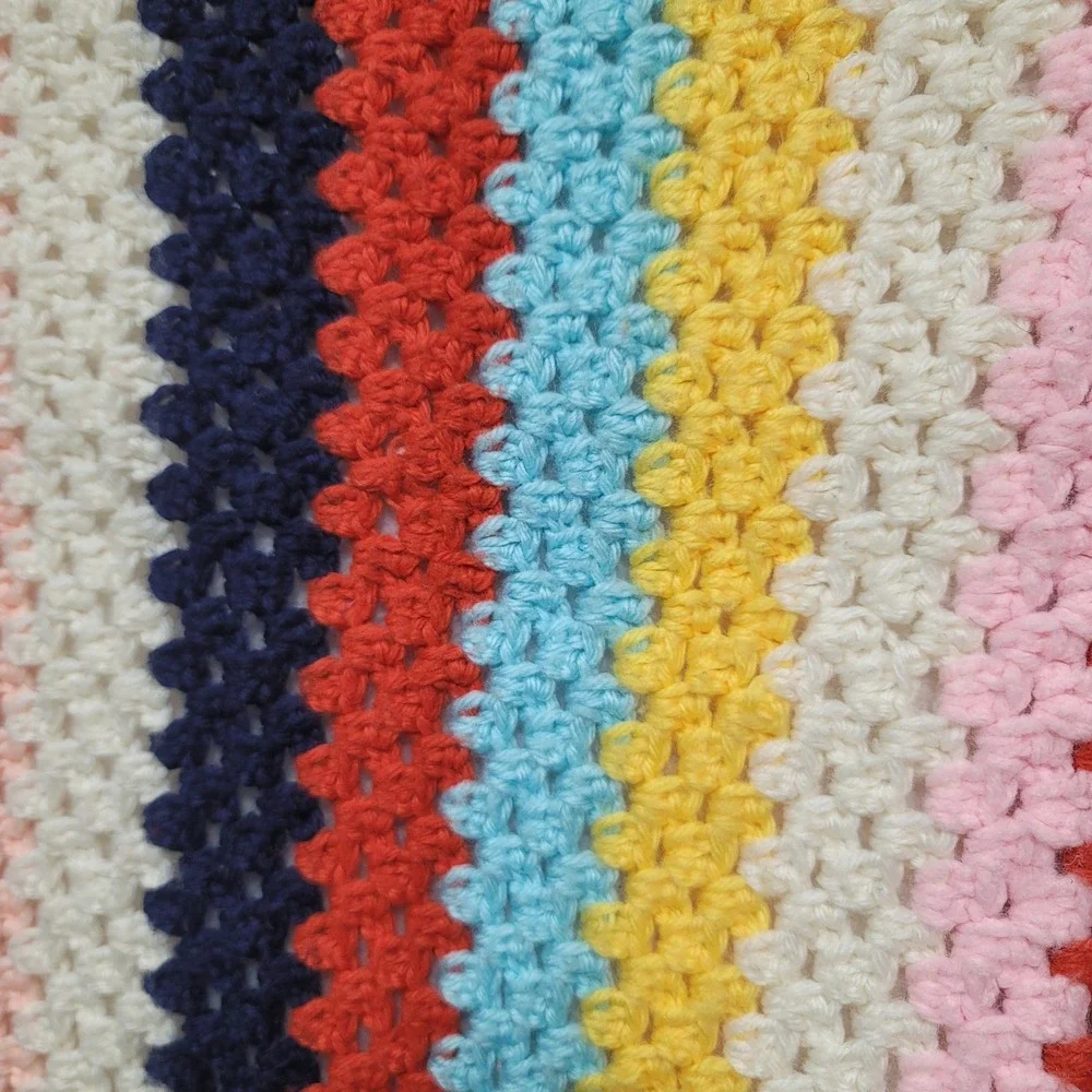 Handmade Crochet Striped Afghan Throw  Retro Rainbow Colors Blanket 38